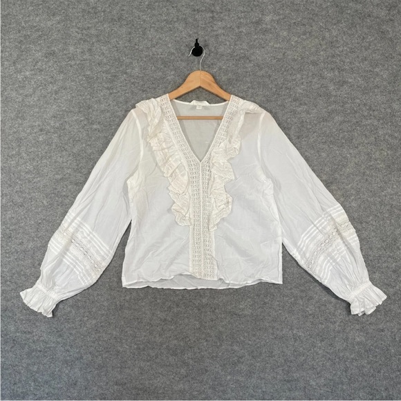 H&M Tops - H&M Blouse Size UK 6 Womens White Embroidered Long Sleeve V Neck Ruffle Pullover